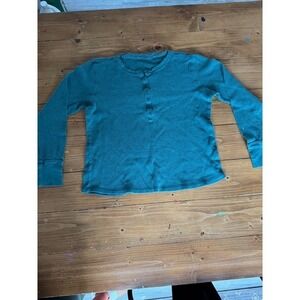 L L Bean Long Sleeve Henley Shirt Teal Green Waffle Knit Size M PET